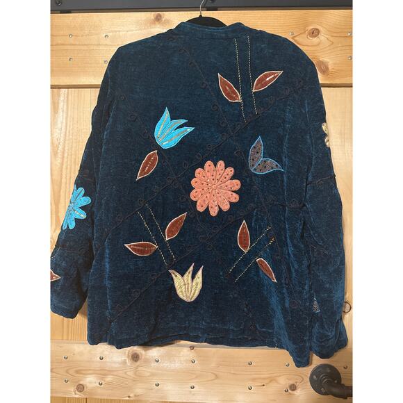 Indigo Moon Womens Velour Teal Embossed Flowers Button Down Jacket Size XL - Picture 4 of 5